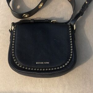Michael Kors Black Pebbled Leather Crossbody Saddle Bag with Gold Eyelet Trim